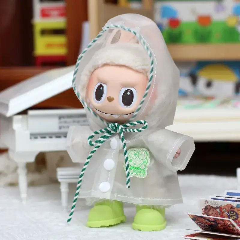 15-17cm labubu raincoat rain boots heart-shaped macaron clothes hooded cape raincoat doll set accessories (clothes only)