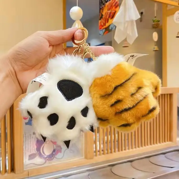 12cm Kawaii Simulation Tiger Paw Plush Toy Animal Pendant Leopard Keychain School Bag Ornament Christmas Newyear Gifts