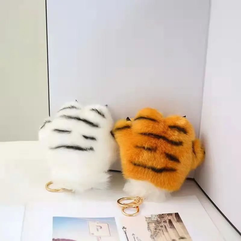 12cm Kawaii Simulation Tiger Paw Plush Toy Animal Pendant Leopard Keychain School Bag Ornament Christmas Newyear Gifts