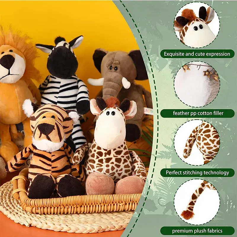 Kawaii Jungle Animal Plush Toys Forest Animal 25CM Plush Dog Zebra Elephant Lion Fox Giraffe Children's Toys Doll Birthday Gift