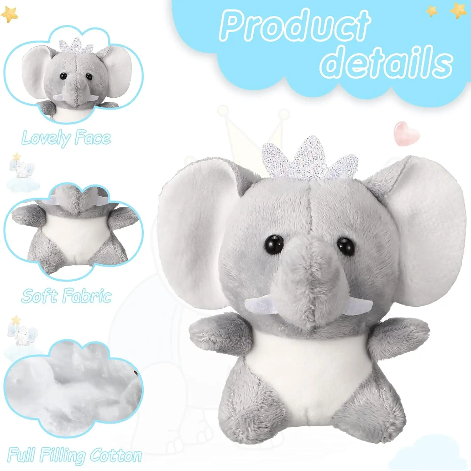 8-48PCS Mini Elephant Stuffed Animals 4Inch Cute Elephant Plush Toys Baby Stuffed Elephant Toy for Baby Shower Birthday Gifts