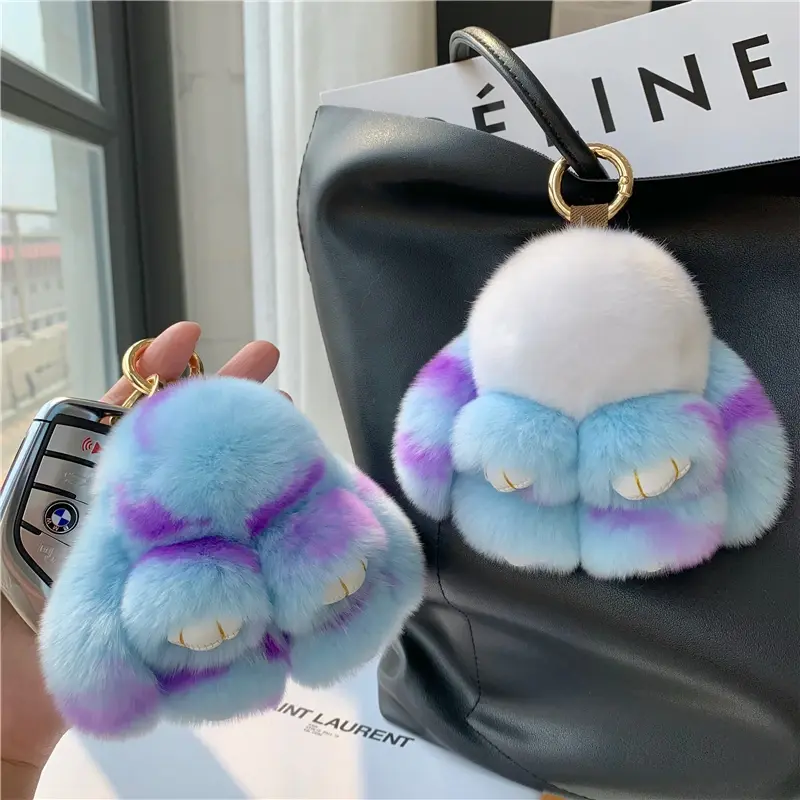 10cm Cute Plush Bunny Keychain Women Fur Pom Pom Angel Rabbit Key Ring Hare Pompom Plush Dolls Toy Girls Bag Key Pendant