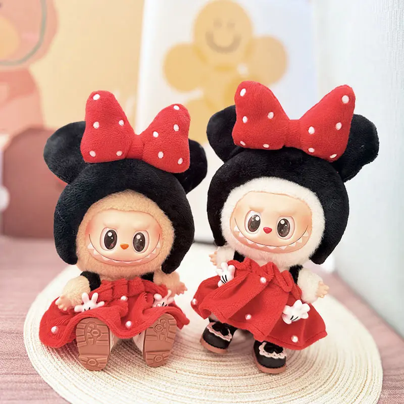 17cm Labubu V1 V2 Vinyl Doll Clothes Handmade Mickey Mouse Costume Polka Dot Dress Set Bow Headwear Quality Gift