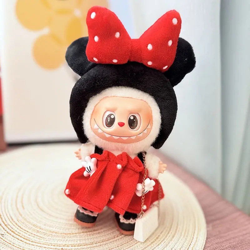 17cm Labubu V1 V2 Vinyl Doll Clothes Handmade Mickey Mouse Costume Polka Dot Dress Set Bow Headwear Quality Gift