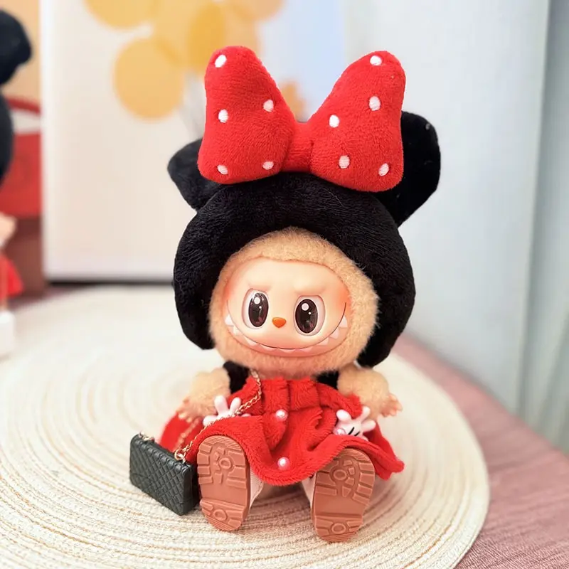 17cm Labubu V1 V2 Vinyl Doll Clothes Handmade Mickey Mouse Costume Polka Dot Dress Set Bow Headwear Quality Gift