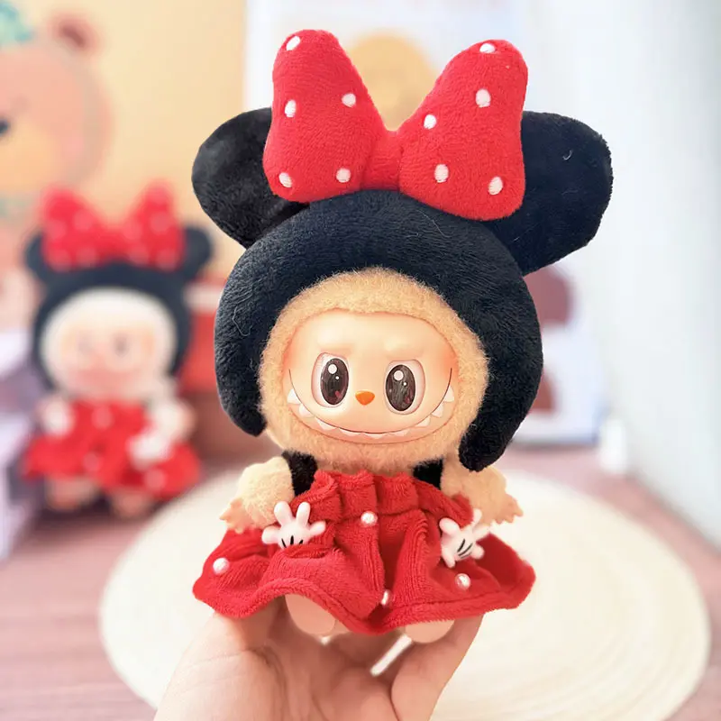 17cm Labubu V1 V2 Vinyl Doll Clothes Handmade Mickey Mouse Costume Polka Dot Dress Set Bow Headwear Quality Gift
