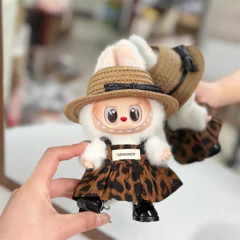 For 17cm Labubu Doll Clothes Fashion Leopard Print Dress Straw Hat Decoration Accessories Children's Toy Gift