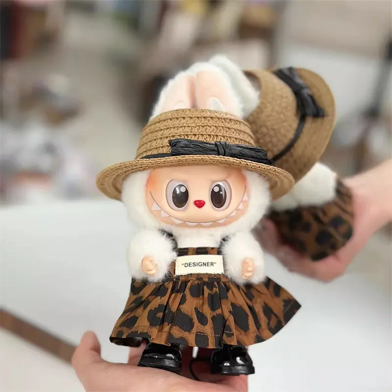 For 17cm Labubu Doll Clothes Fashion Leopard Print Dress Straw Hat Decoration Accessories Children's Toy Gift