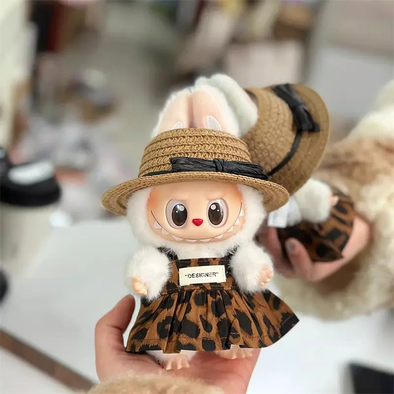 For 17cm Labubu Doll Clothes Fashion Leopard Print Dress Straw Hat Decoration Accessories Children's Toy Gift