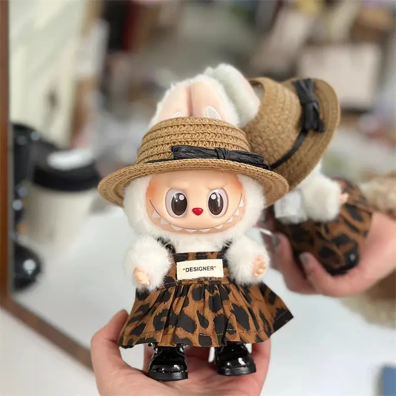 For 17cm Labubu Doll Clothes Fashion Leopard Print Dress Straw Hat Decoration Accessories Children's Toy Gift