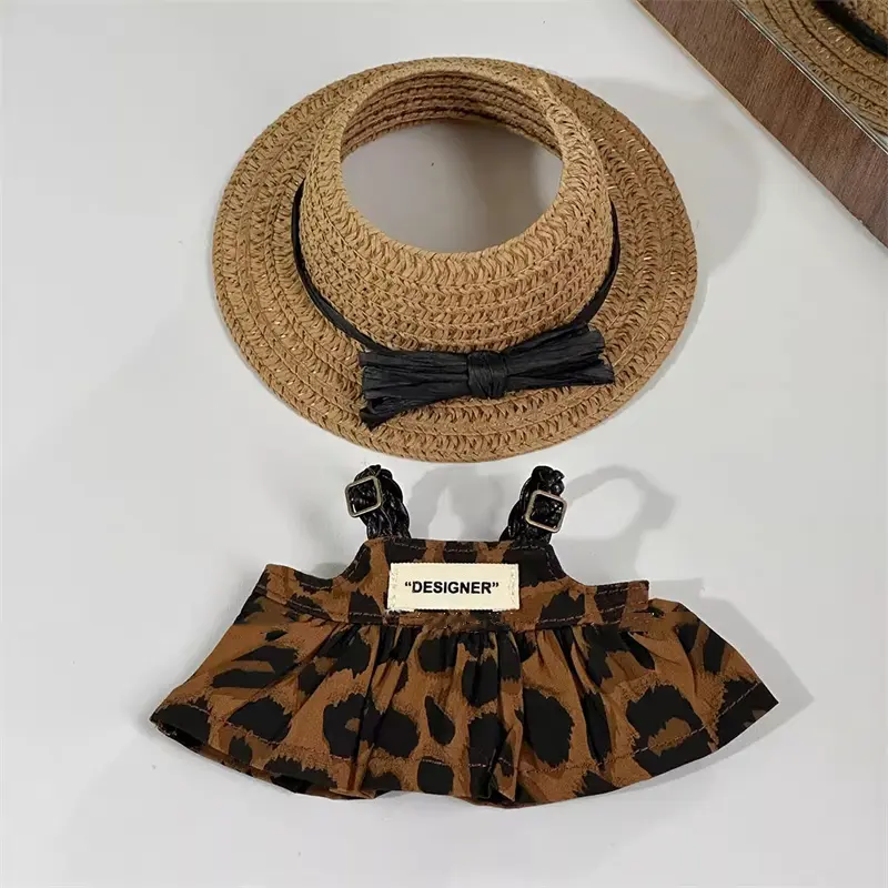For 17cm Labubu Doll Clothes Fashion Leopard Print Dress Straw Hat Decoration Accessories Children's Toy Gift