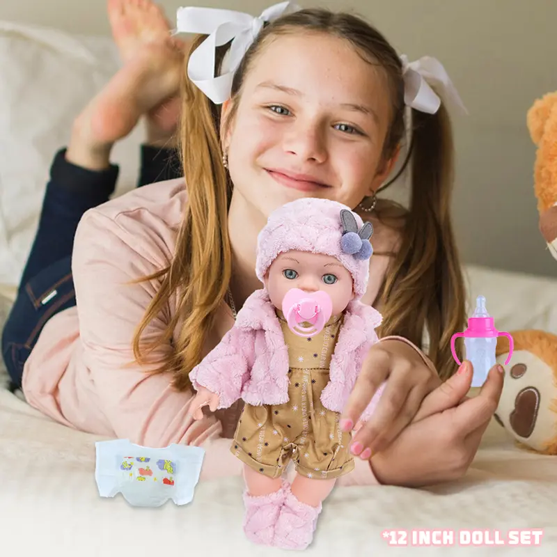 12in/30cm Reborn Doll Soft Baby Doll feeding bottle Limb Movable and Clothes Detachable Can Washed Appease Children's Toy Gift