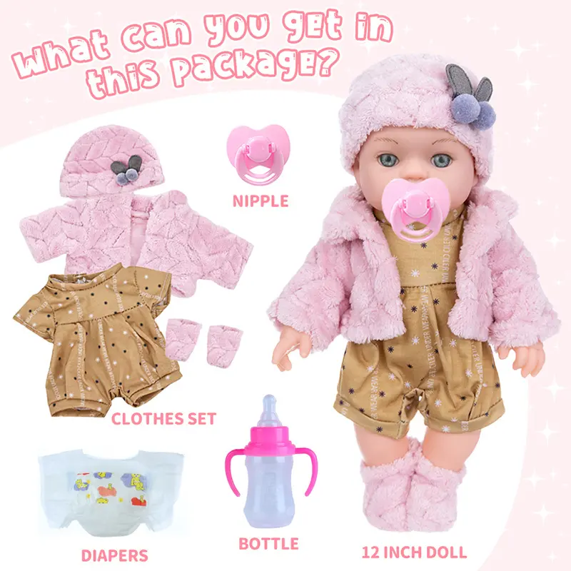 12in/30cm Reborn Doll Soft Baby Doll feeding bottle Limb Movable and Clothes Detachable Can Washed Appease Children's Toy Gift