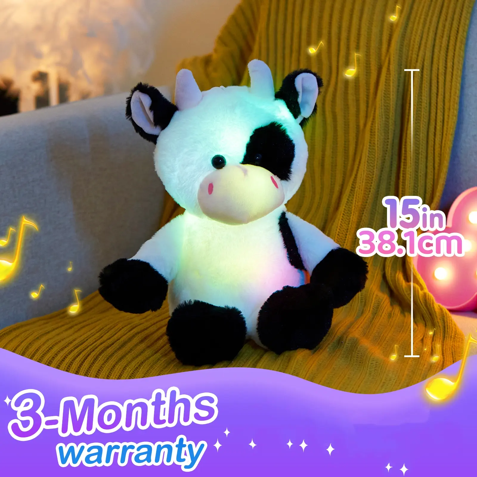 Glowing Dairy Cattle Plush Toy, Farm Cow Stuffed Animal,Farm Theme Birthday Soft Plush Toy Gift For Kids, Cute Doll Companion