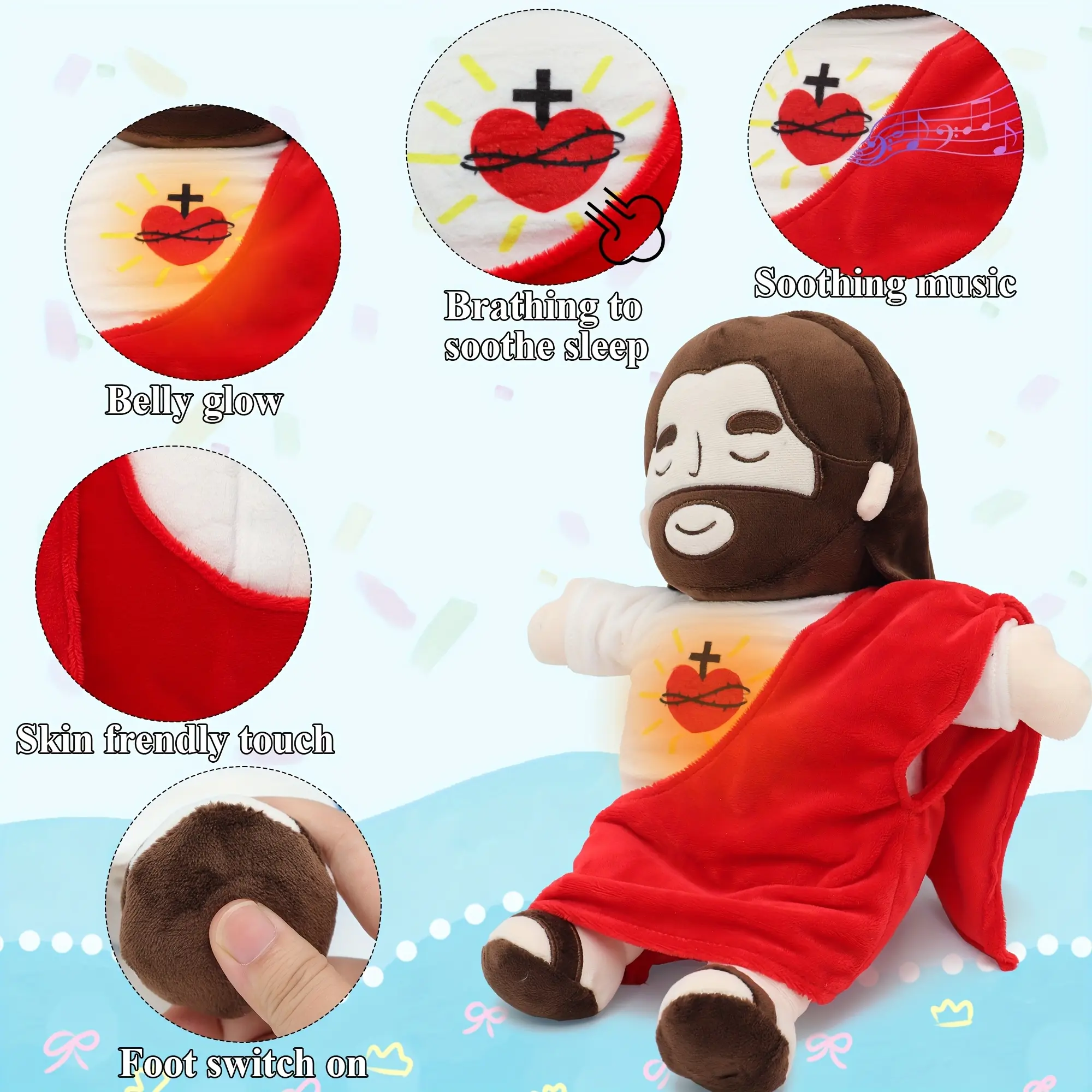 15.7-Inch Sacred Heart of Jesus Plush Doll with Soft Glow and Gentle Breathing Effect - Comfortable and Calming Religious Toy