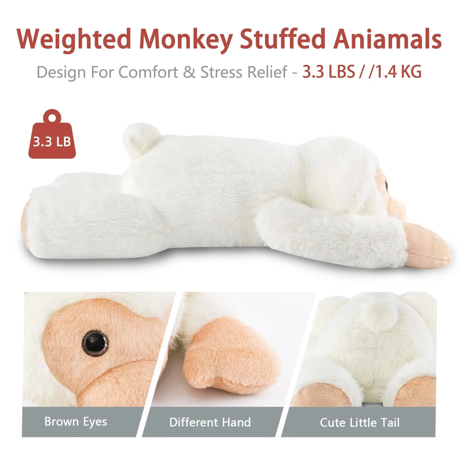 Niuniu Daddy 20" | 3.3 Pound Monkey Weighted Stuffed Animals Large White Monkey Pillowfort Plush Lap Animal Toys for Kids Adult