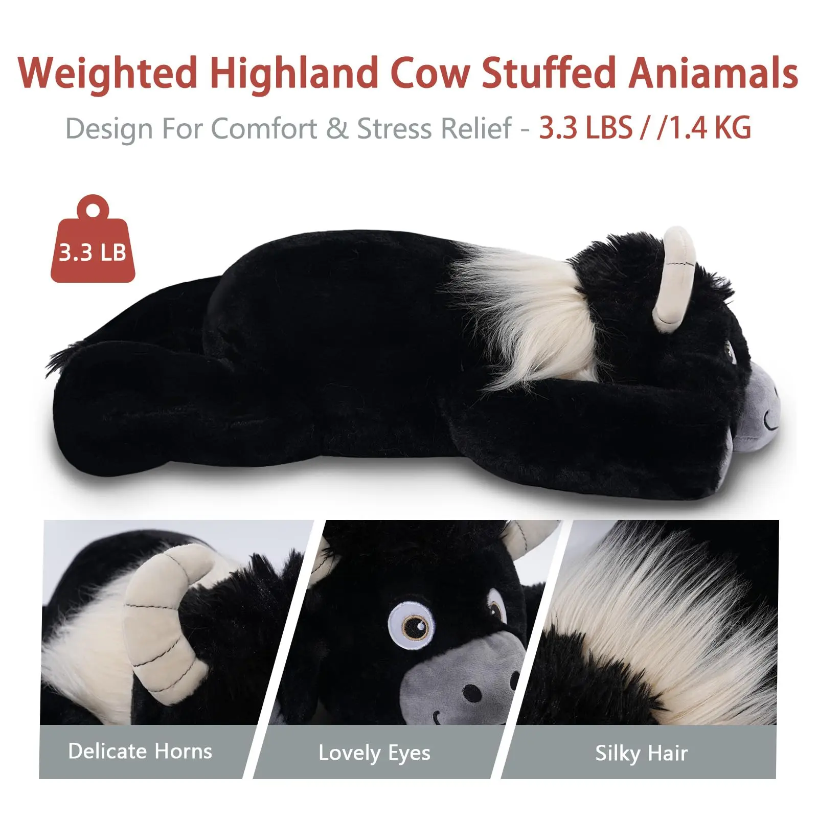 Niuniu Daddy 20" | 3.3 Pound HighIand Cow Weighted Plush Animals Large Highland Cow Pillowfort Stuffed Lap Animal Toys for Kids