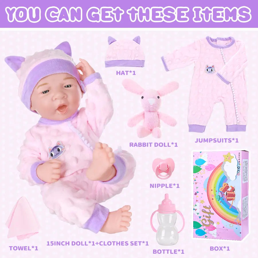 15Inch/38cm Baby Doll New Born Doll Coat Rabbit Doll Baby Bottle Cat Styling Hoodie Baby Bona Doll Pajamas Toy Clothes Girl Gift
