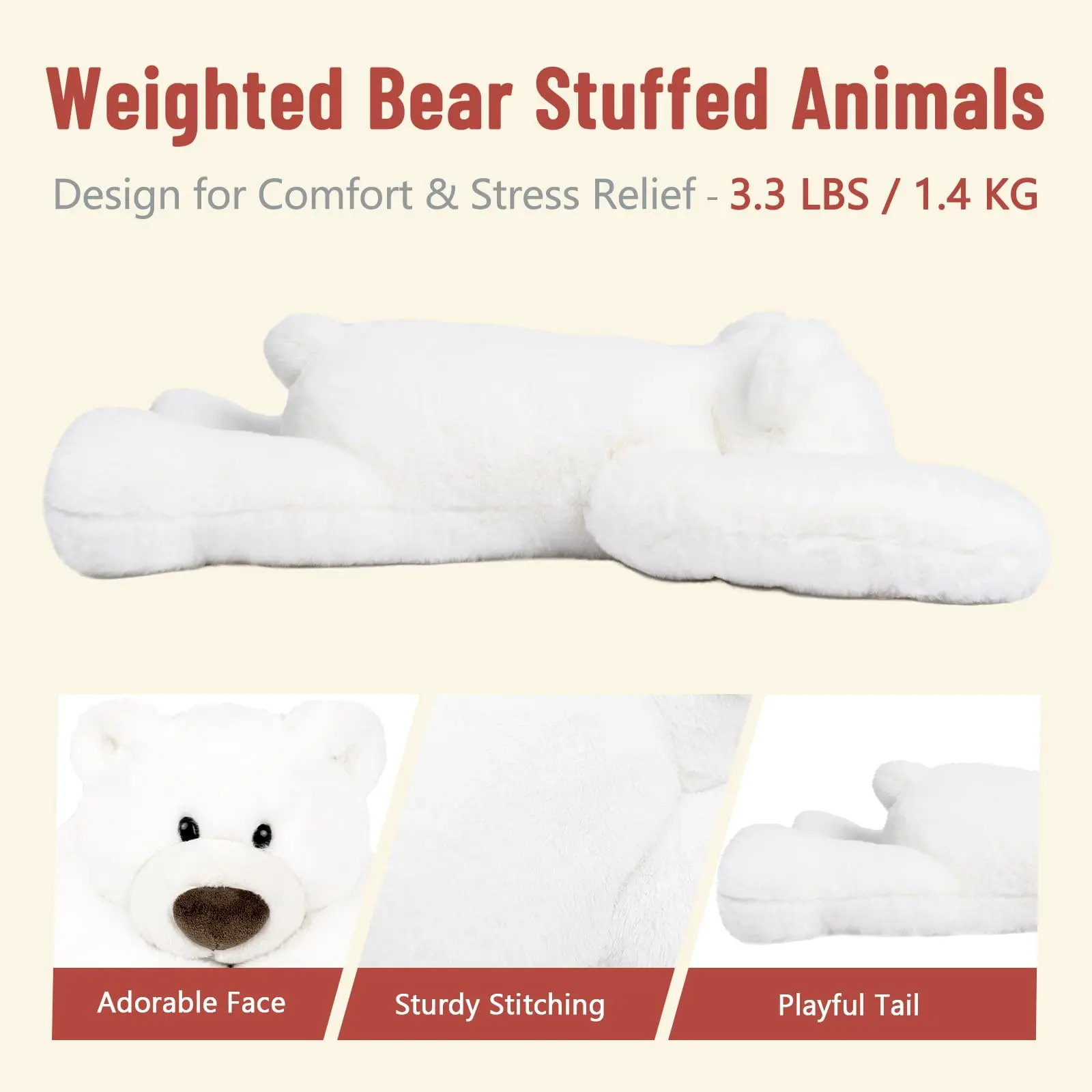Niuniu Daddy 20" | 3.3 Pound Polar White Bear Weighted Stuffed Animals Large Plush Toy Pillow with Fluffy Fur for Kids Adults