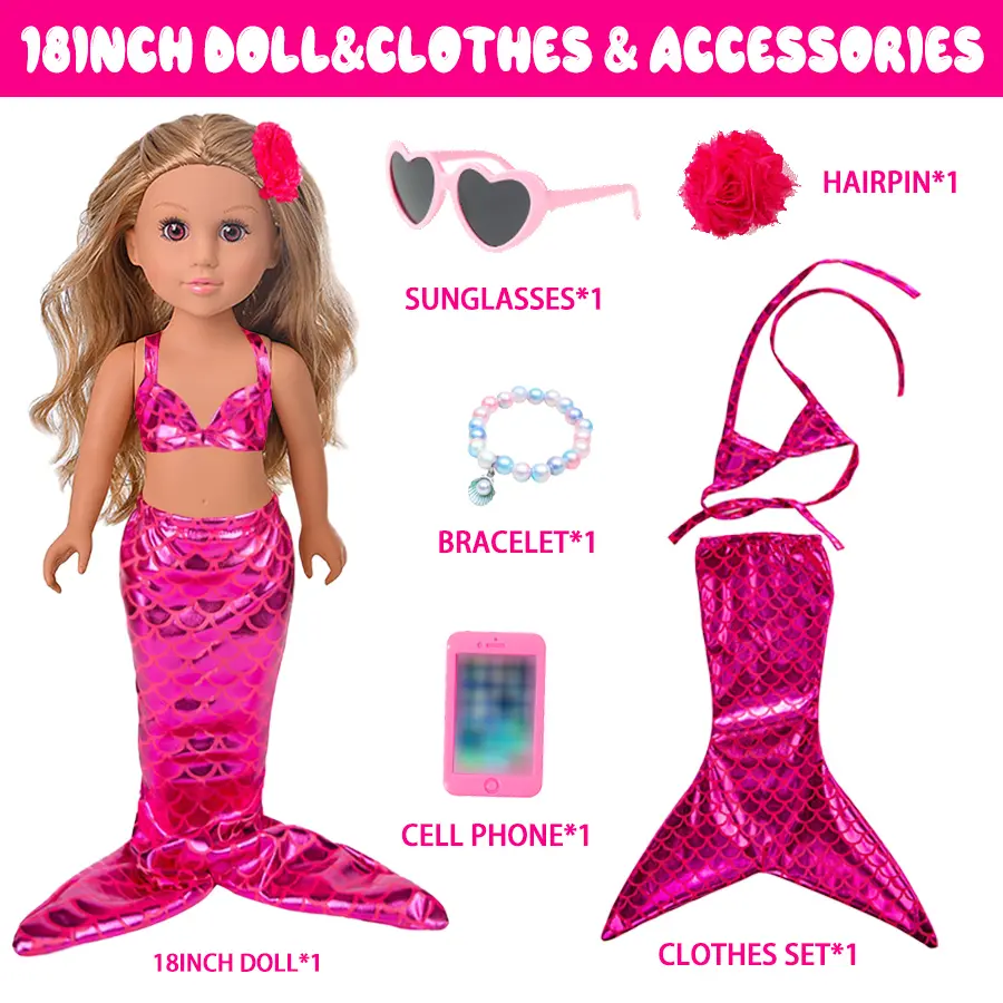 18Inch Doll Mermaid Tail Set Clothes Realistic American Doll 43 Cm Girl's Reborn Baby Clothes,Pattern T-shirt Kids Dolls Gifts
