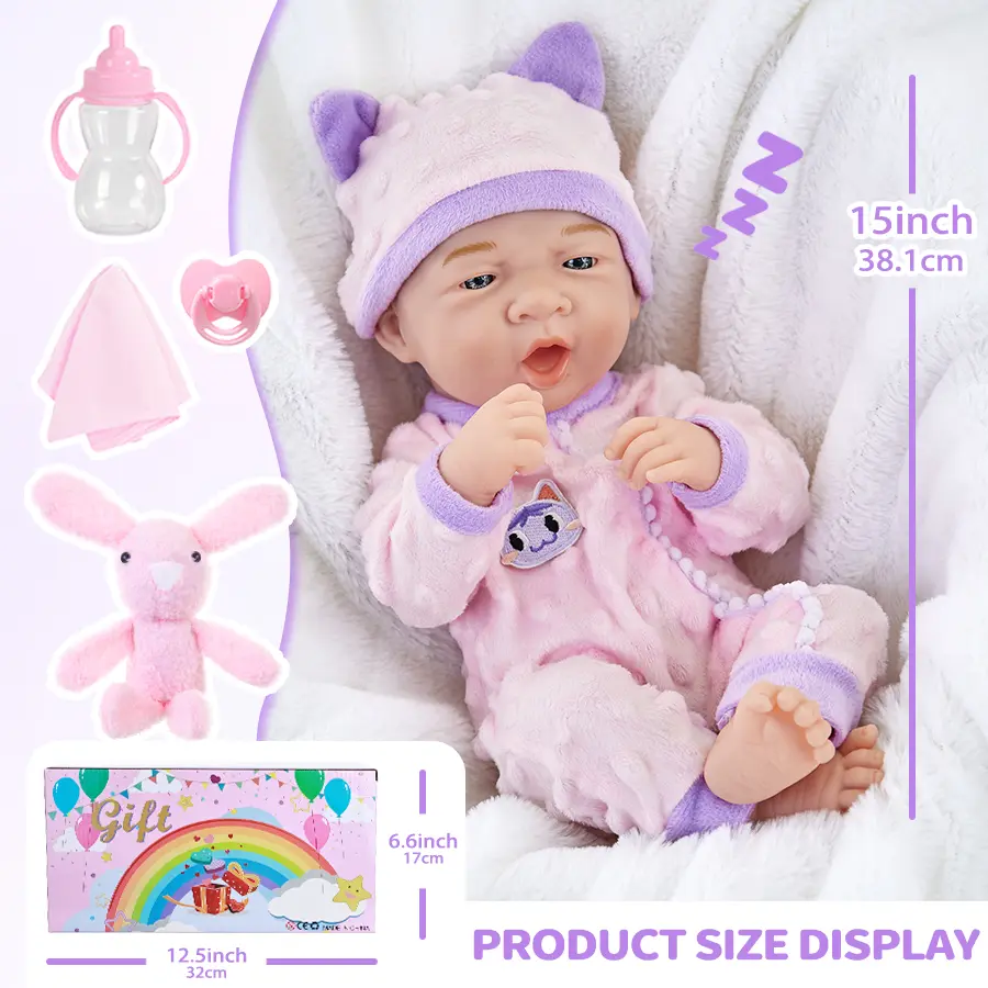 15Inch/38cm Baby Doll New Born Doll Coat Rabbit Doll Baby Bottle Cat Styling Hoodie Baby Bona Doll Pajamas Toy Clothes Girl Gift