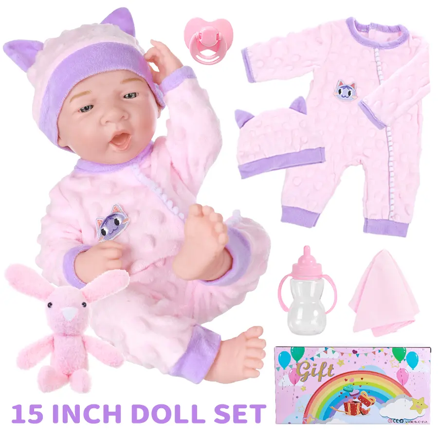 15Inch/38cm Baby Doll New Born Doll Coat Rabbit Doll Baby Bottle Cat Styling Hoodie Baby Bona Doll Pajamas Toy Clothes Girl Gift