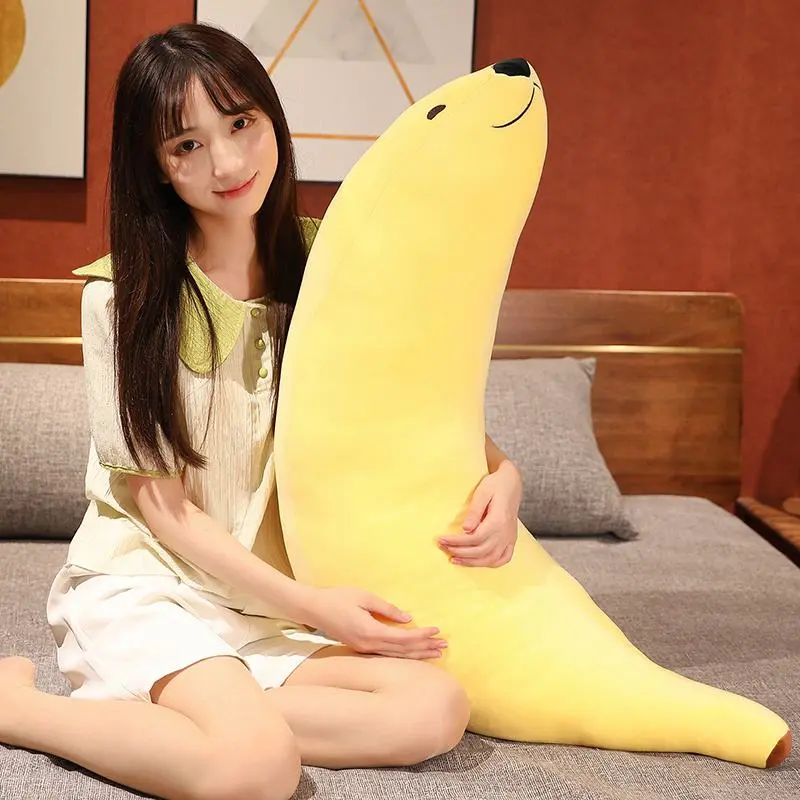 90cm Kawaii Funny Dog With Banana Plush Stuffered Dolls Long Bed Pillow Good Sleeping Pillow Baby Gifts Banana Pendant Keychain
