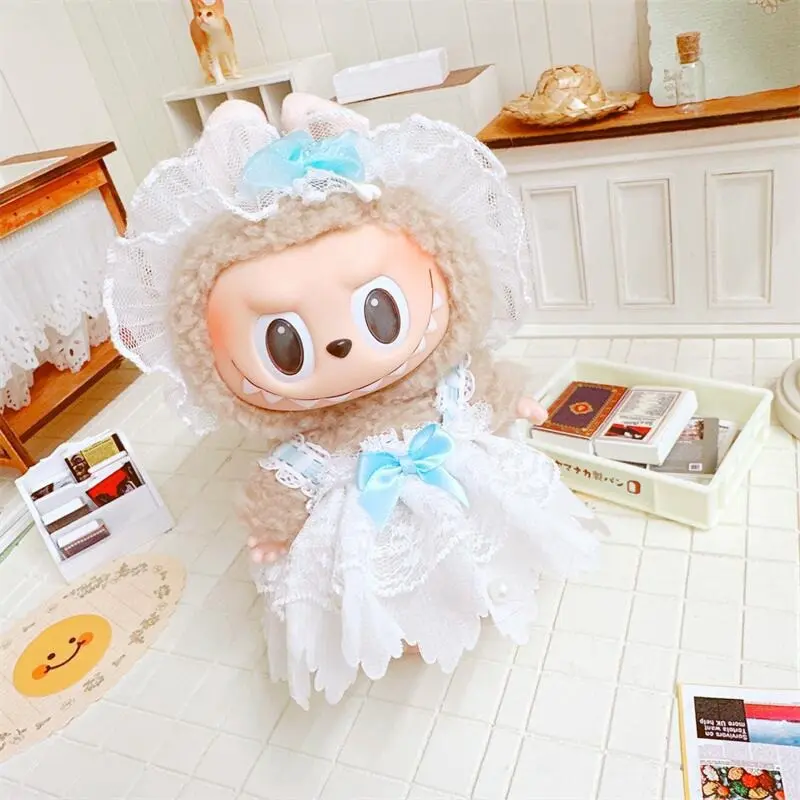 Doll Clothes for 17cm Labubu Dolls Toy Cute Mini Plush Doll's Outfit Accessories Mesh Dress Suit Maid Dress Hairpin Fans Gift