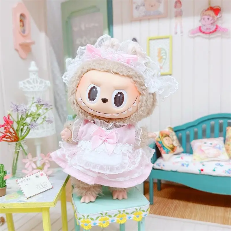 Doll Clothes for 17cm Labubu Dolls Toy Cute Mini Plush Doll's Outfit Accessories Mesh Dress Suit Maid Dress Hairpin Fans Gift