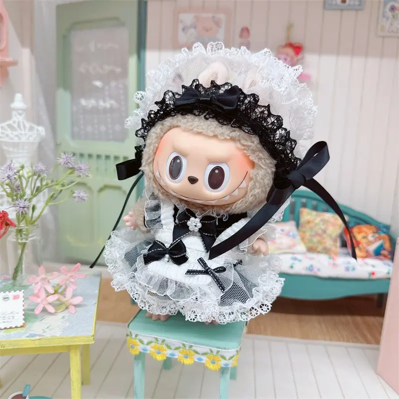 17cm Pendant Labubu Doll Dress Cute Labubu Doll Clothes Black Maid Uniform Suit Cartoon Doll Hoodie Bodysuit Outfit Doll Costume