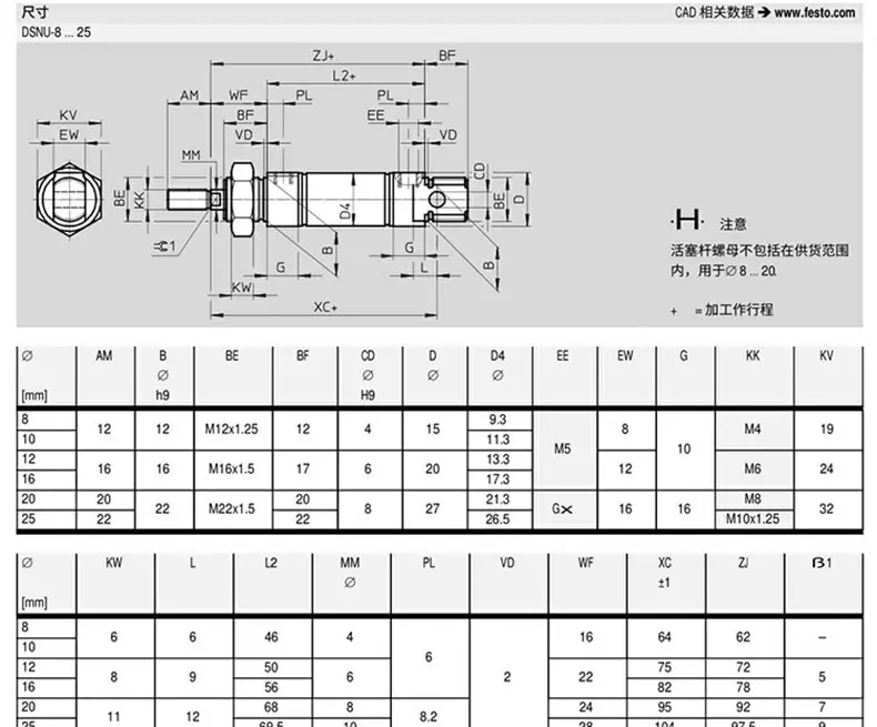 Festo type DSNU round mini stainless steel air pneumatic cylinder DSNU-10-20-P-A DSNU12-30-P-A DSNU-16-50-P-A Stroke 10-200mm