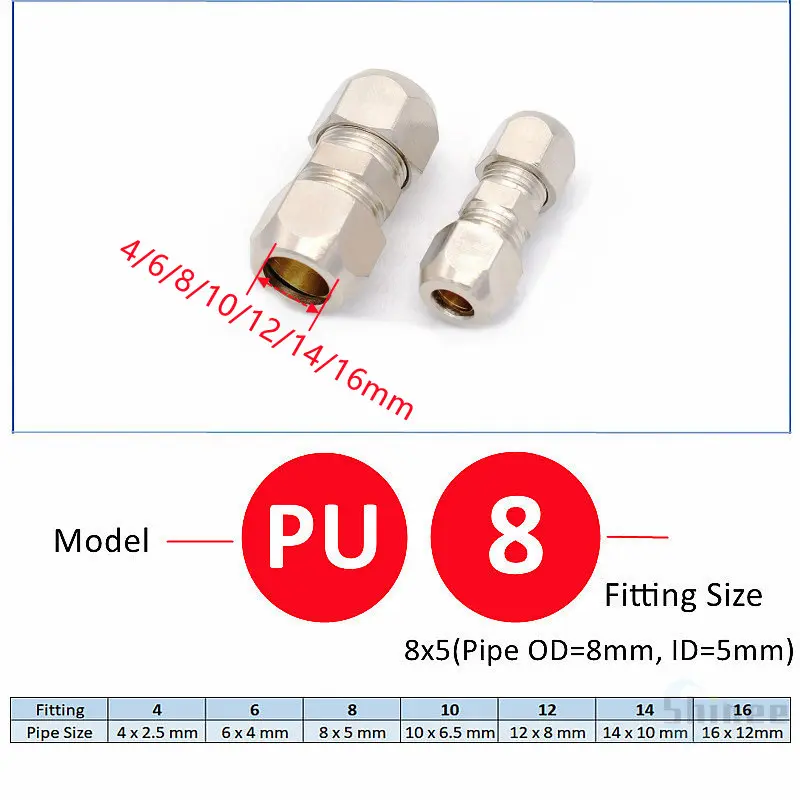 Pneumatic Fittings Brass 4 6 8 10 12 14 16mm OD Tube Compression Ferrule Tubing Compression Fitting Connector PU PV PE PZA PM