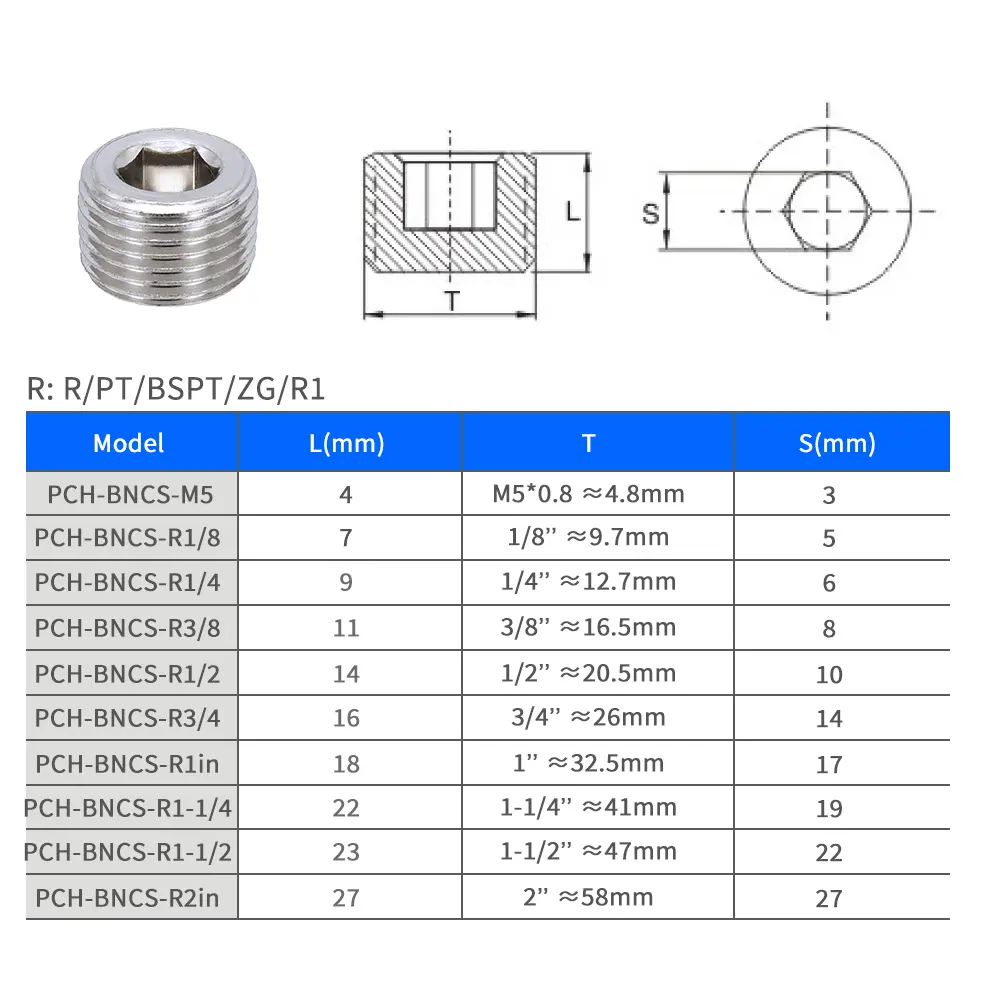 Pneumatic Air Fitting, Pipe Stoper End Blind Plugs, Hollow Countersunk Hex Plugs Fittings, NPT R PT BSPT 1/8 1/4 3/8 1/2 3/4 1