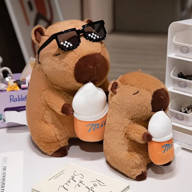 Happy Birthday Hat Capybara Plushie Stuffed Cartoon Swag Hug Milk Bottle Capibara Plush Toy Unique Birthday Gift for Boy Girl