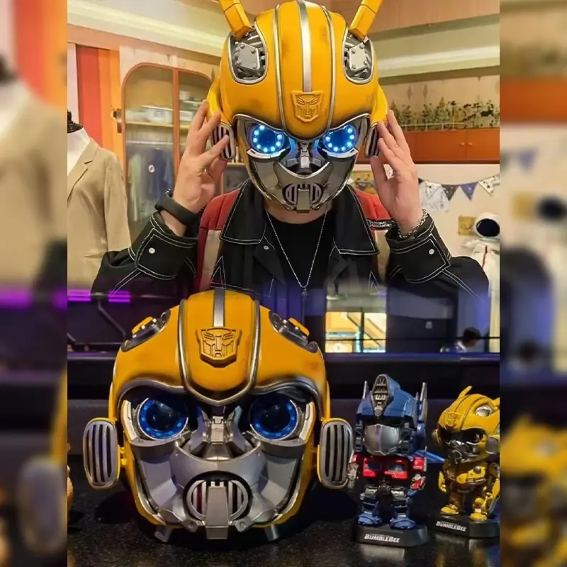 Bumblebee Optimus Prime 1:1 Helmet Voice Control Mask Action Figure Bluetooth Base Light Up Eyes Collection for Kids Toys Gift