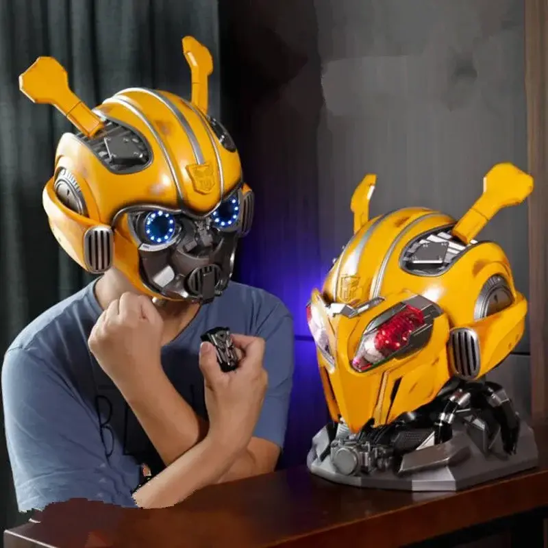 Bumblebee Optimus Prime 1:1 Helmet Voice Control Mask Action Figure Bluetooth Base Light Up Eyes Collection for Kids Toys Gift