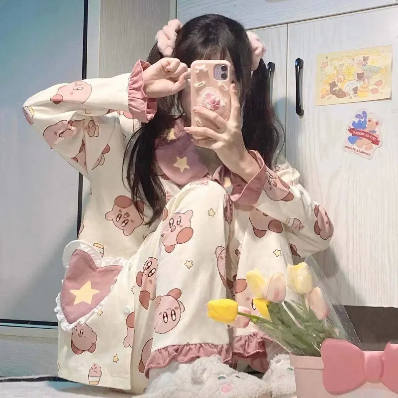 2023 New Japanese Kirby Kawaii Leisure Pajamas Cartoon Anime Women Spring And Autumn Cotton Long-Sleeved Home Clothes Two Suit