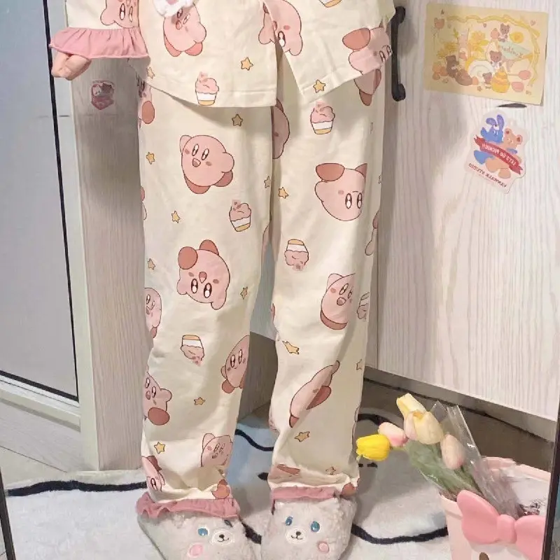 2023 New Japanese Kirby Kawaii Leisure Pajamas Cartoon Anime Women Spring And Autumn Cotton Long-Sleeved Home Clothes Two Suit