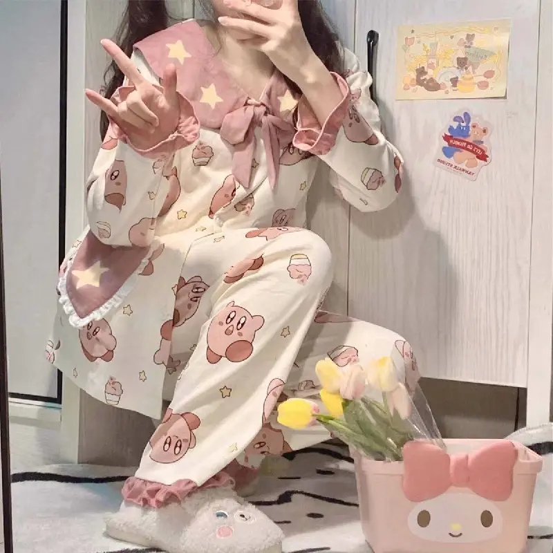 2023 New Japanese Kirby Kawaii Leisure Pajamas Cartoon Anime Women Spring And Autumn Cotton Long-Sleeved Home Clothes Two Suit