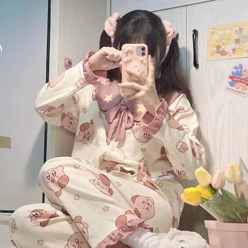 2023 New Japanese Kirby Kawaii Leisure Pajamas Cartoon Anime Women Spring And Autumn Cotton Long-Sleeved Home Clothes Two Suit