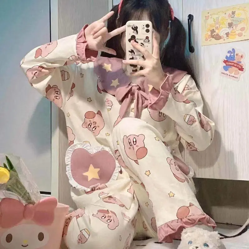 2023 New Japanese Kirby Kawaii Leisure Pajamas Cartoon Anime Women Spring And Autumn Cotton Long-Sleeved Home Clothes Two Suit
