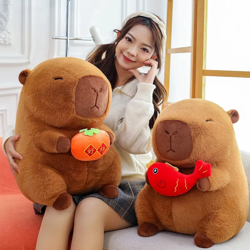 Kawaii 28~50cm Brown Persimmon Capybara Doll Plush Toy Stuffed Cartoon Animal Holding Plushie Appeasing Birthday Gift for Girls