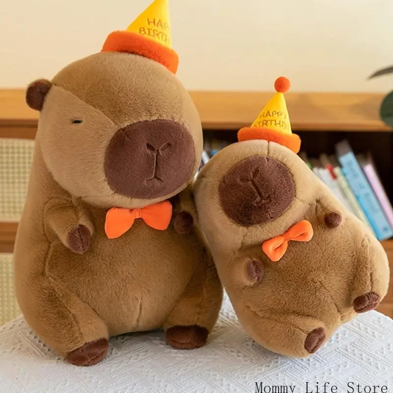 Cartoon Plush Toy Kapybara with Birthday Hat Soothing Pillow Toy Mood Appease Toy for Adult and Children
