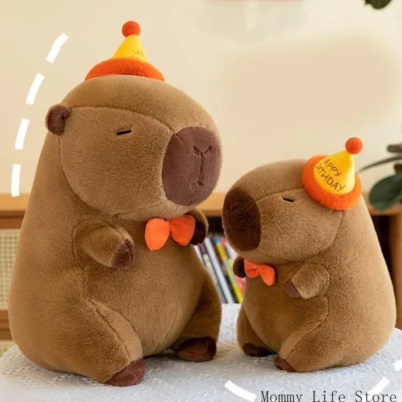 Cartoon Plush Toy Kapybara with Birthday Hat Soothing Pillow Toy Mood Appease Toy for Adult and Children
