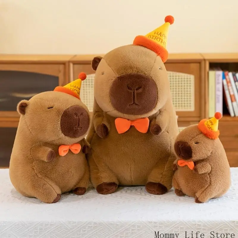 Cartoon Plush Toy Kapybara with Birthday Hat Soothing Pillow Toy Mood Appease Toy for Adult and Children