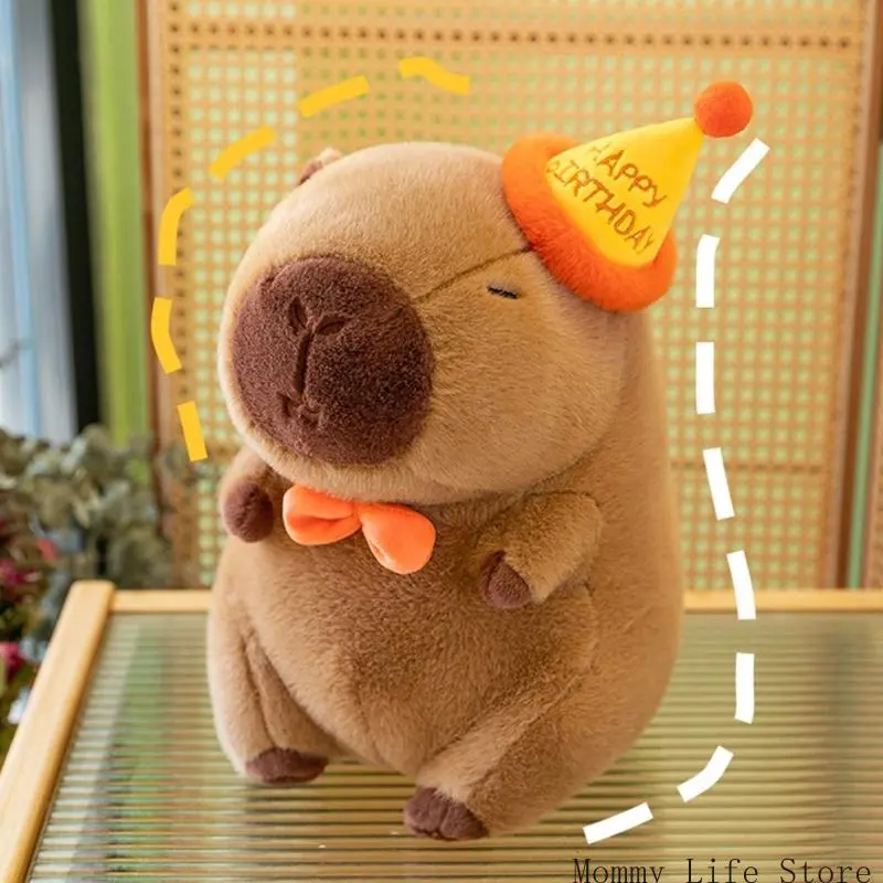 Cartoon Plush Toy Kapybara with Birthday Hat Soothing Pillow Toy Mood Appease Toy for Adult and Children