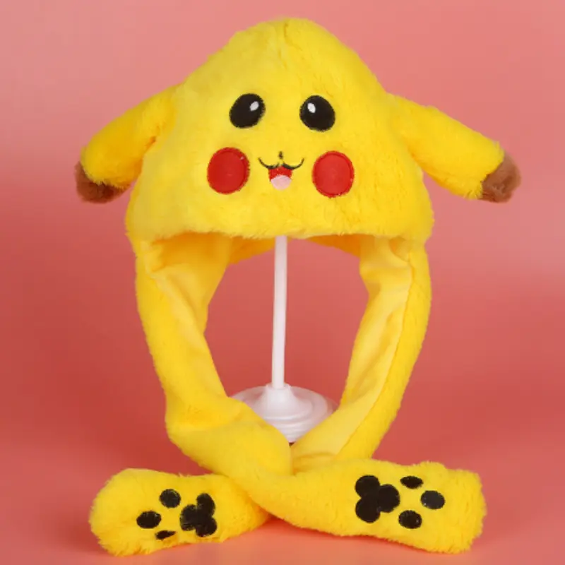 Kawaii Pokemon Pikachu Plush Hat Cartoon Pikachu Bunny Ears Hat Flashing Ear Moveable Plush Doll Creative Birthday Gift