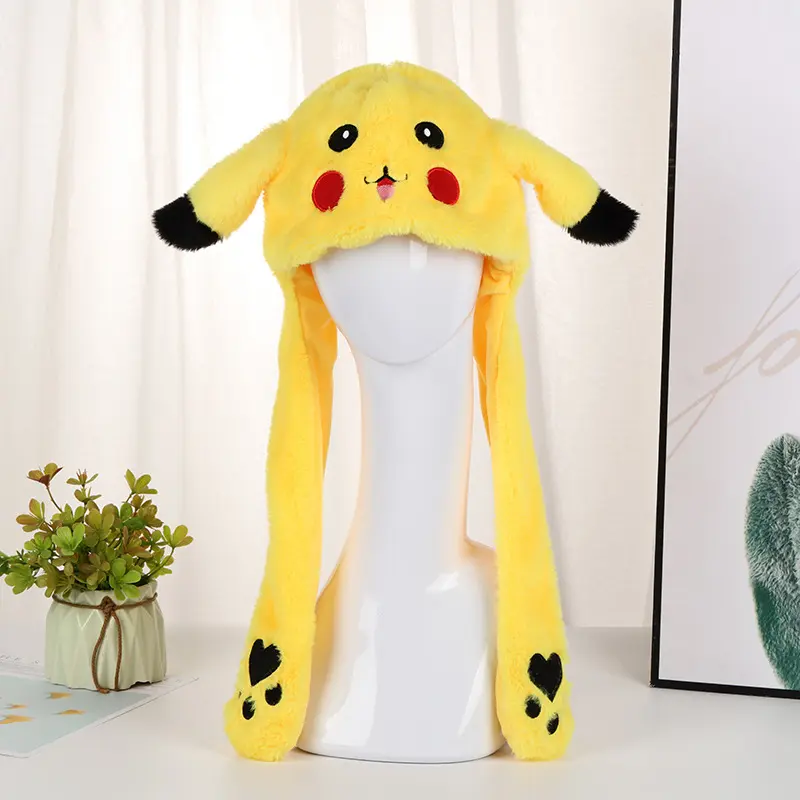Kawaii Pokemon Pikachu Plush Hat Cartoon Pikachu Bunny Ears Hat Flashing Ear Moveable Plush Doll Creative Birthday Gift