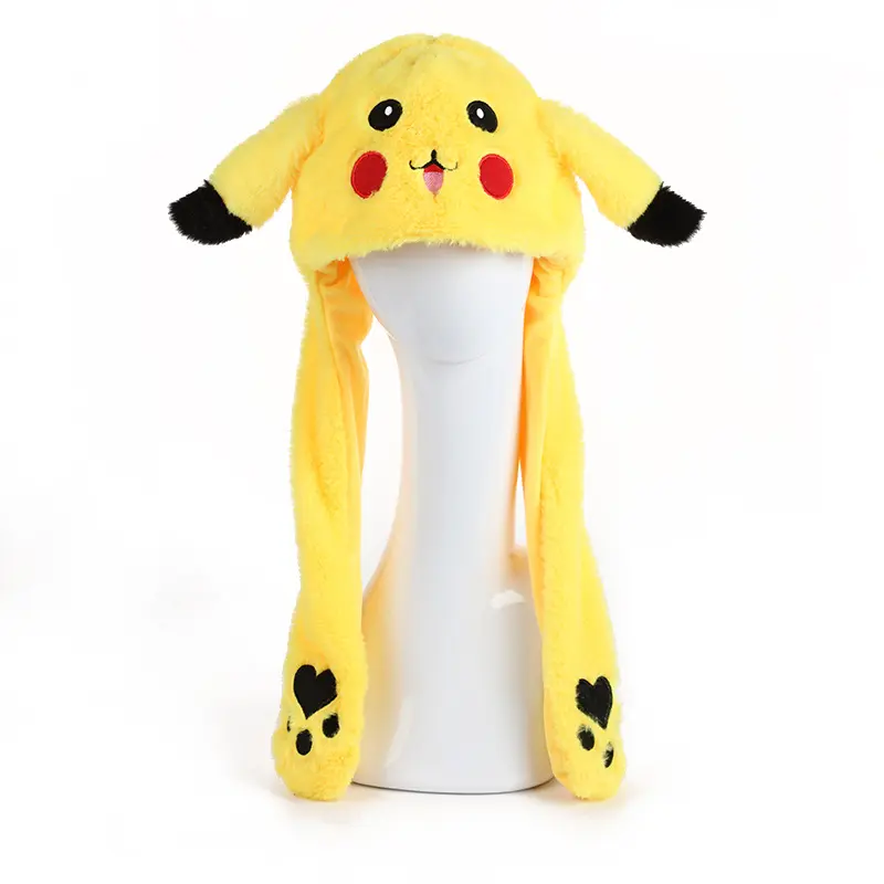 Kawaii Pokemon Pikachu Plush Hat Cartoon Pikachu Bunny Ears Hat Flashing Ear Moveable Plush Doll Creative Birthday Gift
