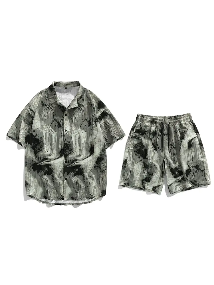 2025 Men's Summer New Trendy Fashion Casual Suit Tie-Dye Ice Silk Cardigan Top + Beach Shorts Chinese Ink Style